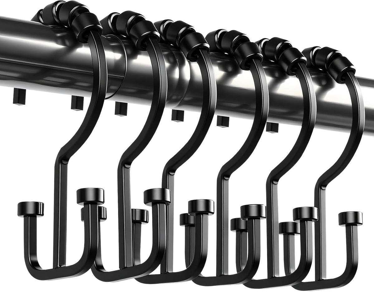 BBV Shower Curtain Hooks Rings, 12 Pcs Rust Resistant Metal Double Glide Shower Hooks for Bathroom Shower Rods Curtains(Black)
