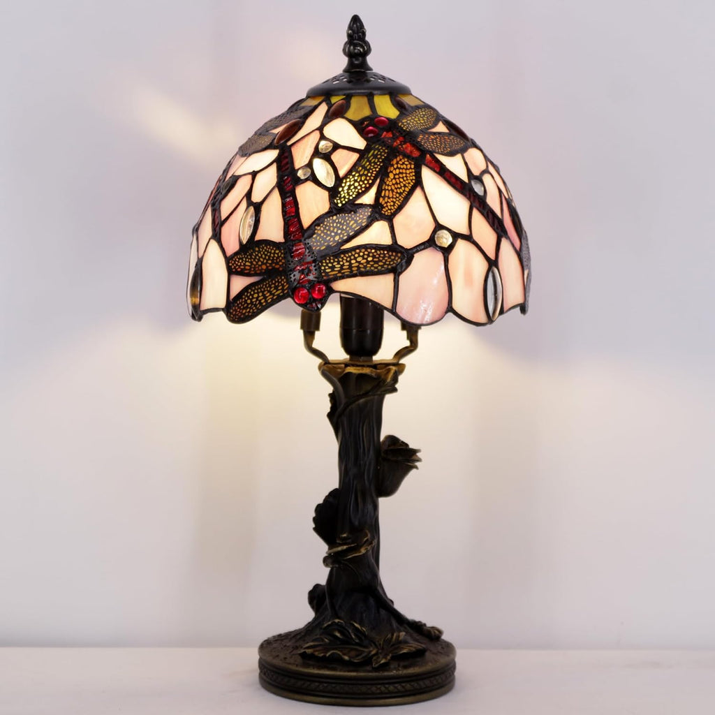 Small Tiffany Table Lamp Pink Dragonfly Style Stained Glass Desk Lamp
