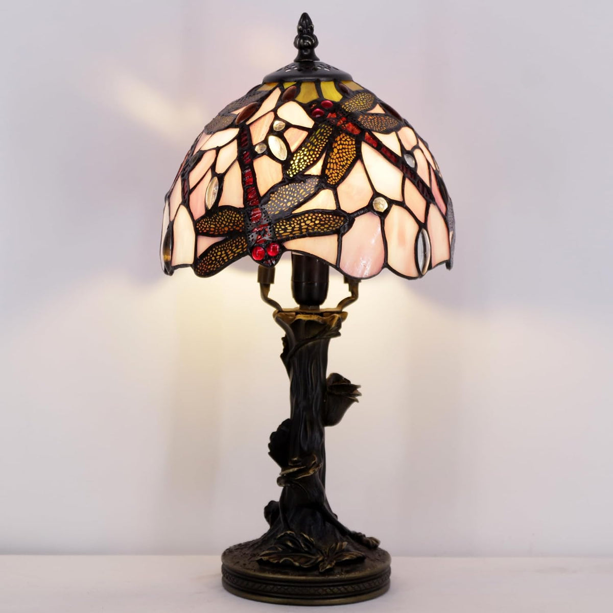 Small Tiffany Table Lamp Pink Dragonfly Style Stained Glass Desk Lamp