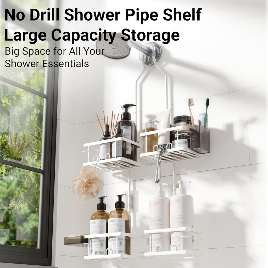 Adjustable Shower Caddy Hanging Rustproof Shower Caddy for Handheld Showerheads, Shower Organizer with Hooks Soap Holder, Anti-Swing Shower Rack Bathroom Accessories (White)