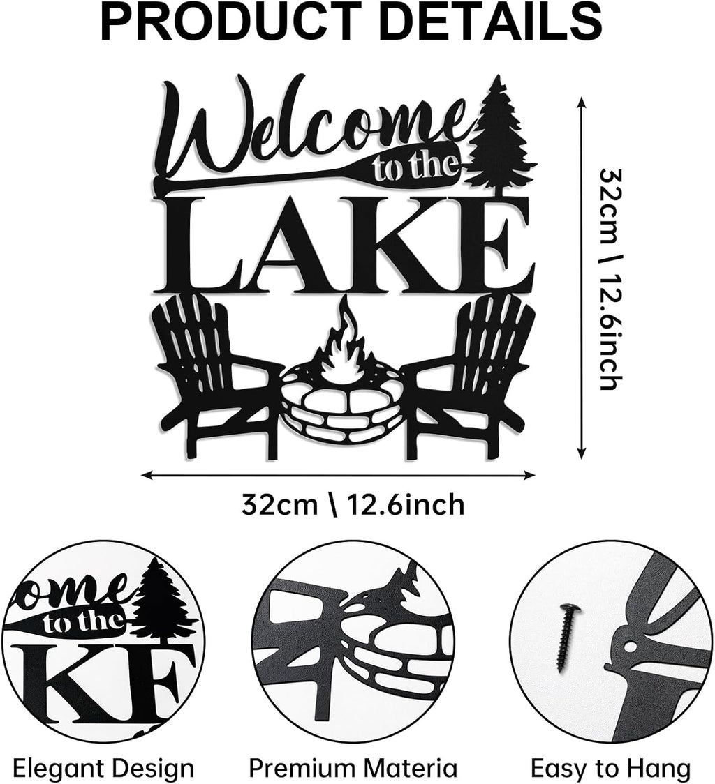 Hnatzu Welcome to The Lake Wall Art,Rustic Lake Life Metal Decor for Cabin or Porch,Vintage Style Housewarming Gift for Lake Home Owners