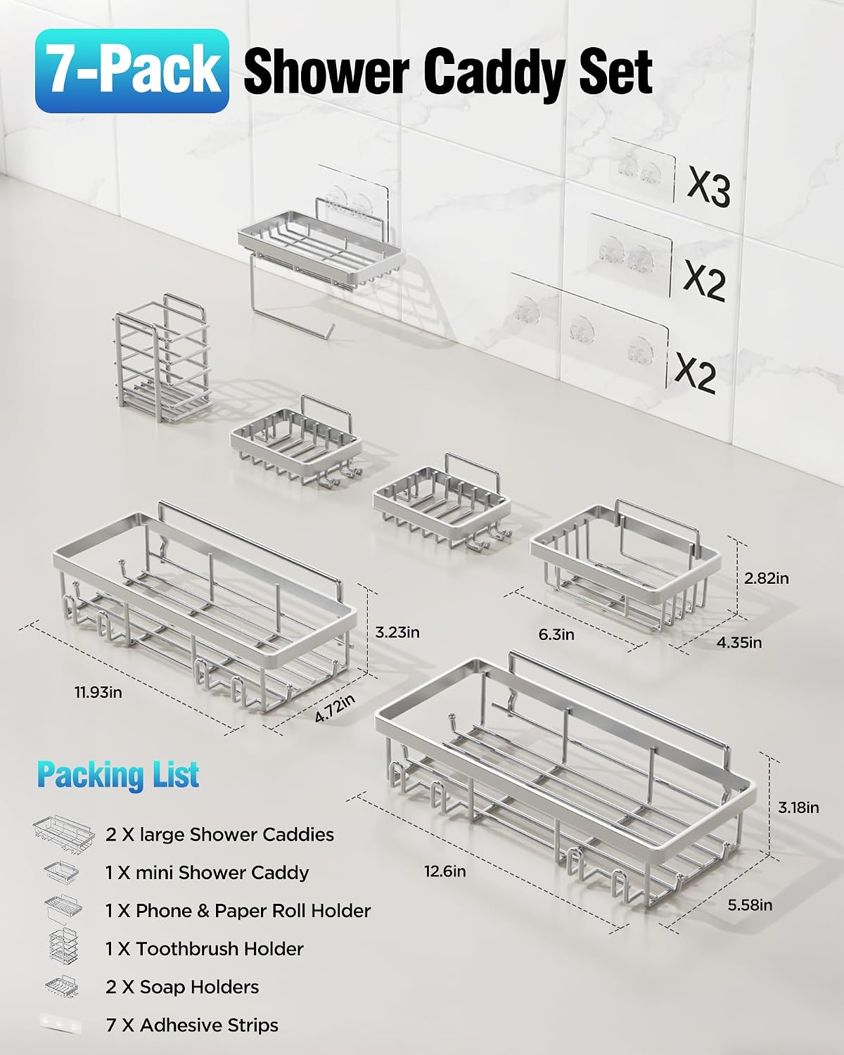 Shower Caddy 7 Pack, Adhesive Bathroom Shower Organizer for Bathroom Storage, No Drilling Large Capacity Rustproof Stainless Steel Shower Shelves Rack for Bath, Silver