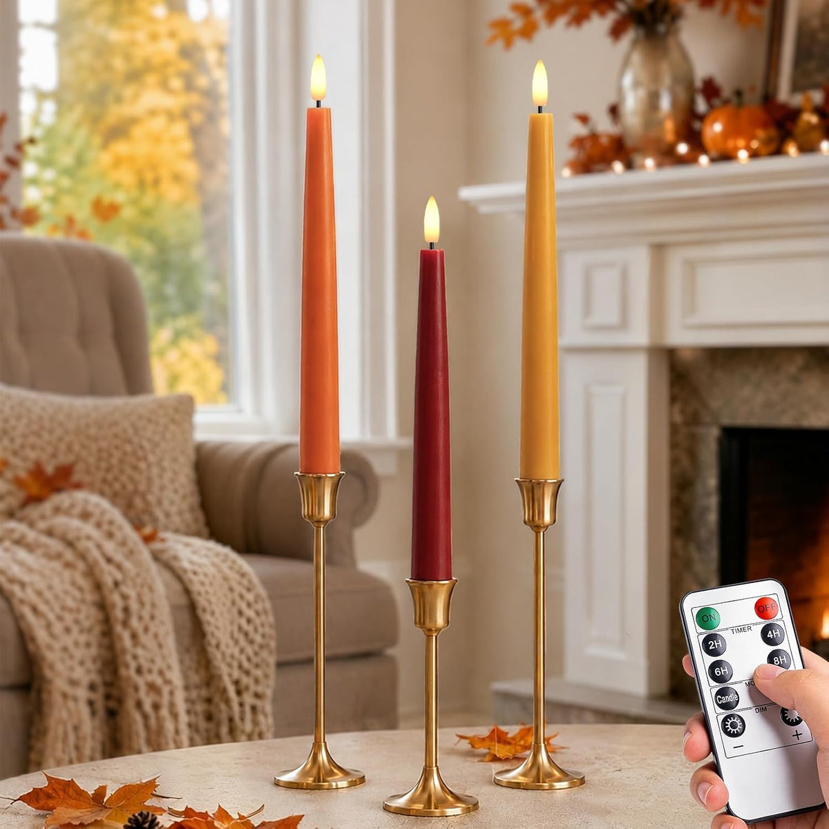 Fall Decor, Fall Decorations for Home, Flameless Taper Candles, Set of 3
