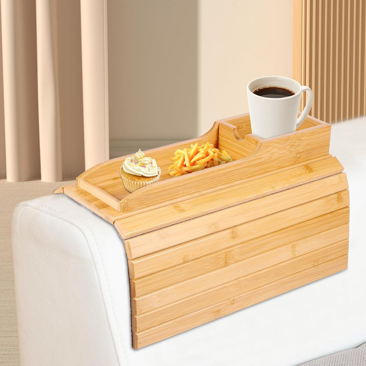 Bamboo Sofa Armrest Tray Table - Foldable Couch Cup Holder,Anti-Slip Side Table Armrest Clip Tray, Multifunctional Couch Organizer, Drink Snack Remote Control Holder