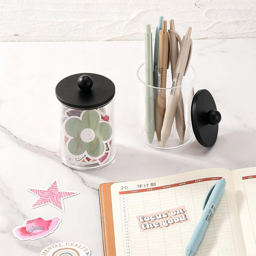 Tbestmax 3 Pack Qtip Holder, Clear Bathroom Containers Dispenser for Storage Cotton Ball, Cotton Swab 10oz Plastic Bathroom Jars with Wood Lids - Black