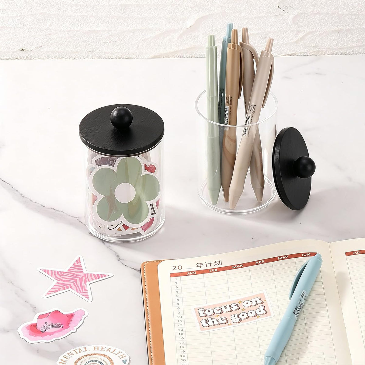 Tbestmax 3 Pack Qtip Holder, Clear Bathroom Containers Dispenser for Storage Cotton Ball, Cotton Swab 10oz Plastic Bathroom Jars with Wood Lids - Black