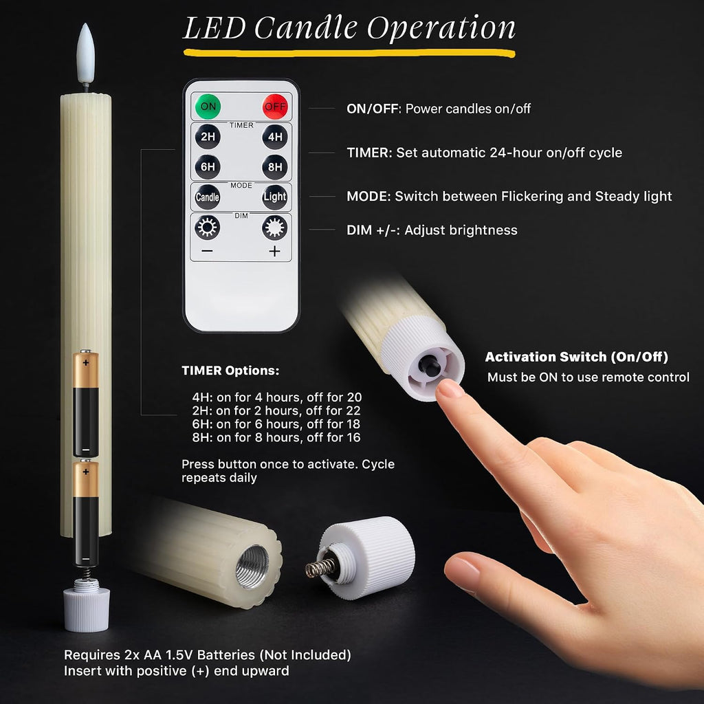 6 Pack, 10" LED Flameless Real Wax Ivory Fluted Ribbed Grooved Taper Candles, Remote & 24h Timer Memory, On/Off Button, Dimmable, Flicker Mode, Battery Operated, Wedding