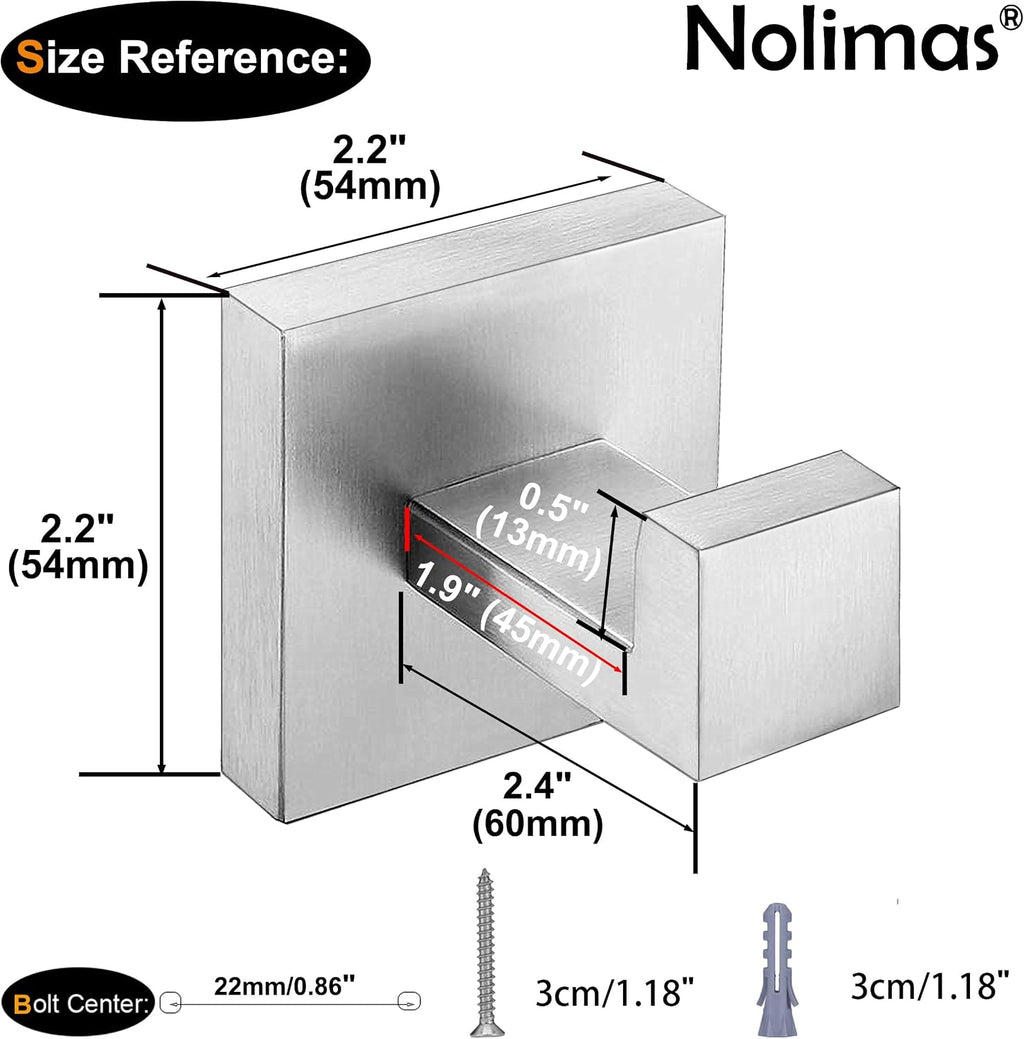 Nolimas Towel Hook Stainless Steel Bathroom Rustproof Clothes Towel Coat Hook Wall Mounted Square Toilet Kitchen, Heavy Duty Door Hanger, 2 Pack, Brushed Nickel