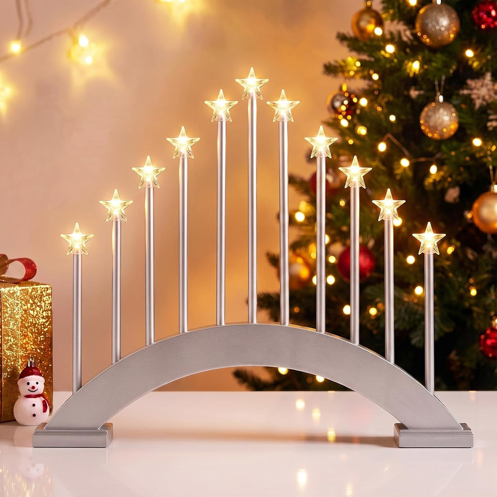 Lewondr Christmas Swedish Candelabra, 11 Flameless Taper Candles, Silver
