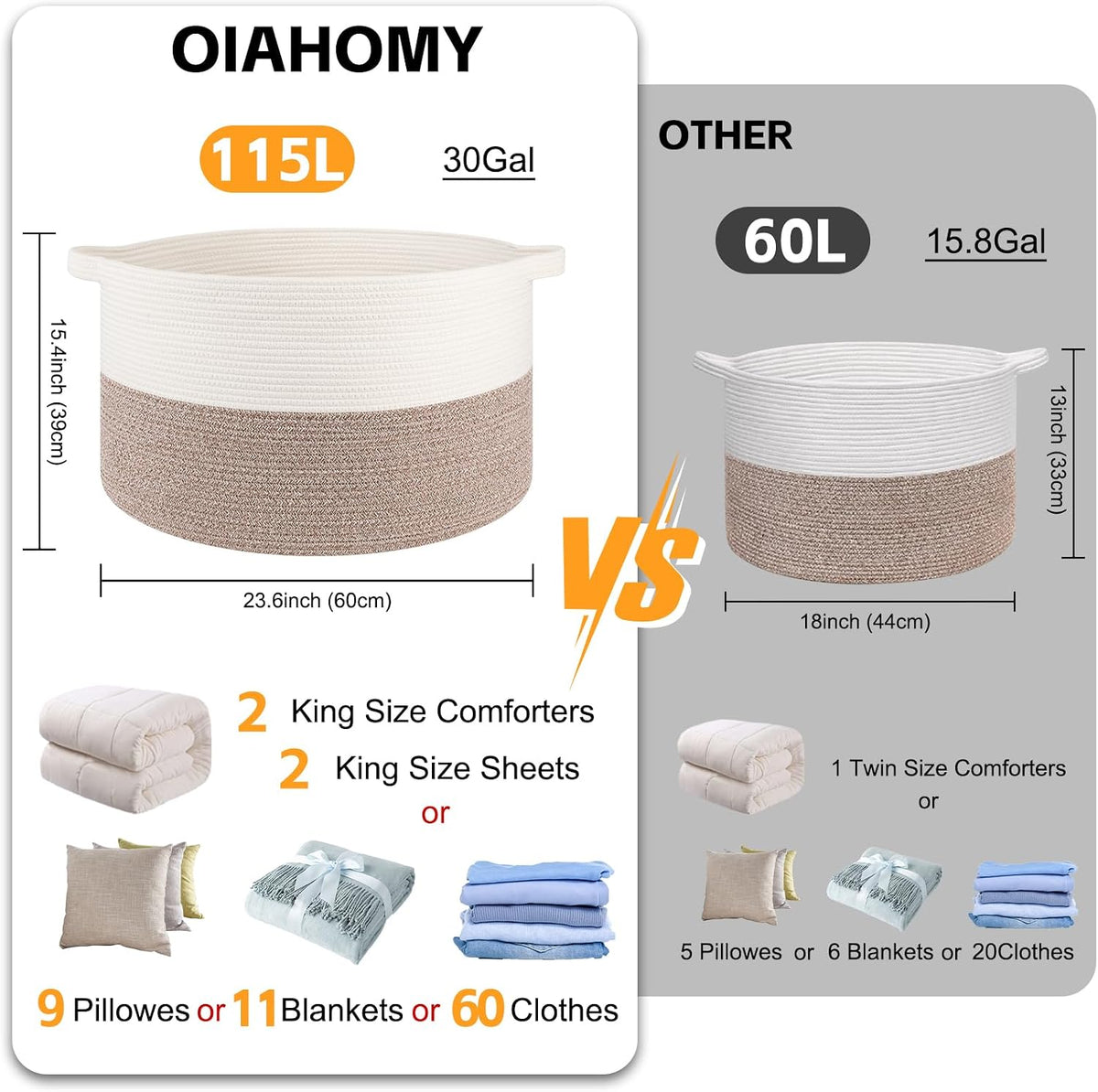 OIAHOMY 115L Extra Large Blanket Basket Living Room Laundry Basket Brown
