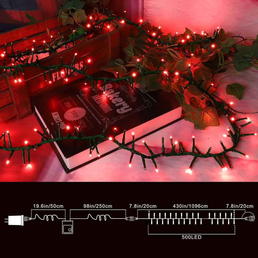 LAMPHOME 500 LED String Lights Outdoor, 11 Modes Plug in Twinkle Fairy Lights for Bedroom, 46ft 500LED Christmas Lights Cluster Lights Outdoor Waterproof Green-Red