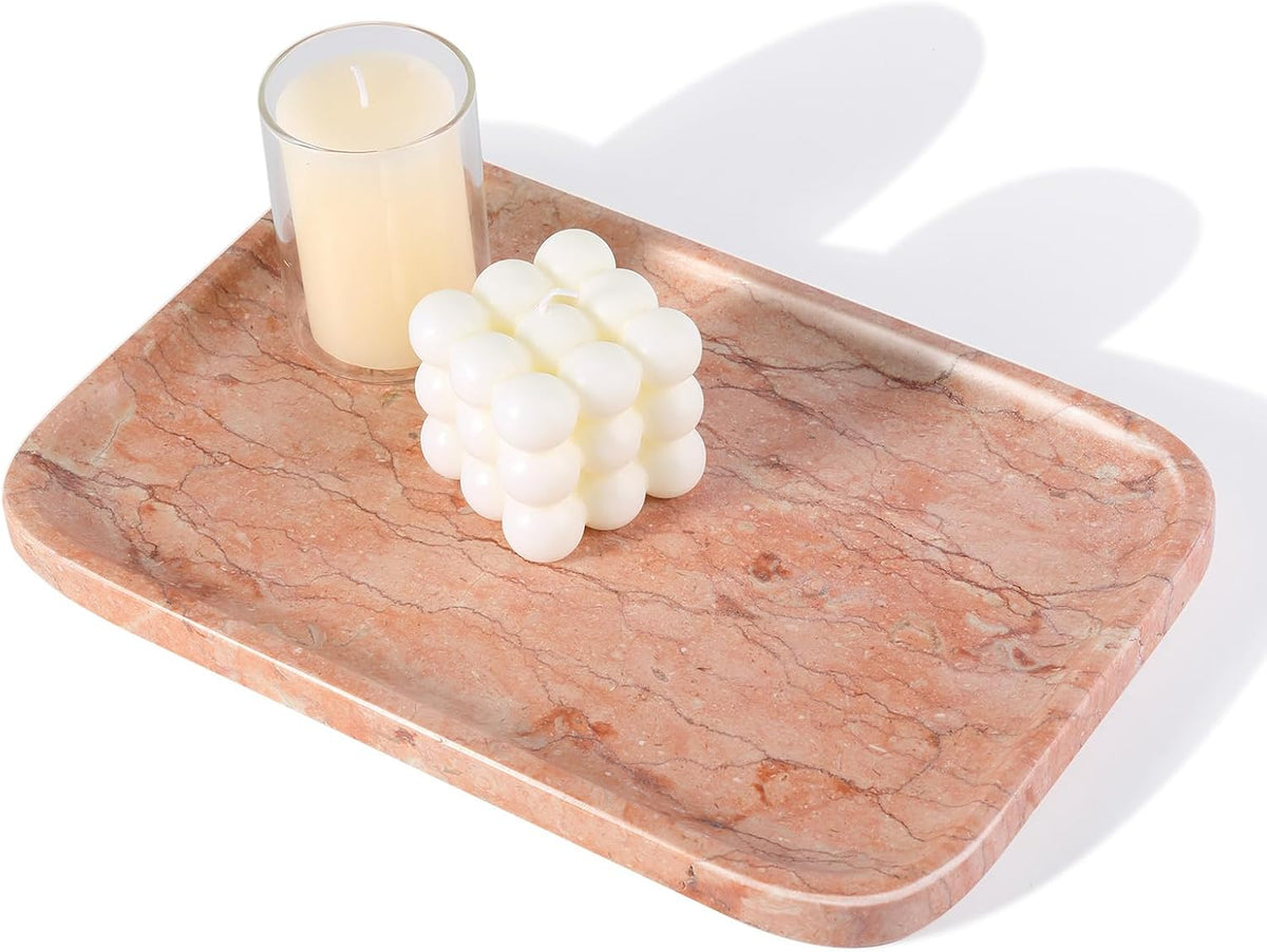 Karibiber Marble Vanity Tray, Bathroom Tray for Countertop, Decoration Dresser Organizer, Perfume, Jewelry Holder, Red Stone Serving for Kitchen Sink Storage(Spring Rose)
