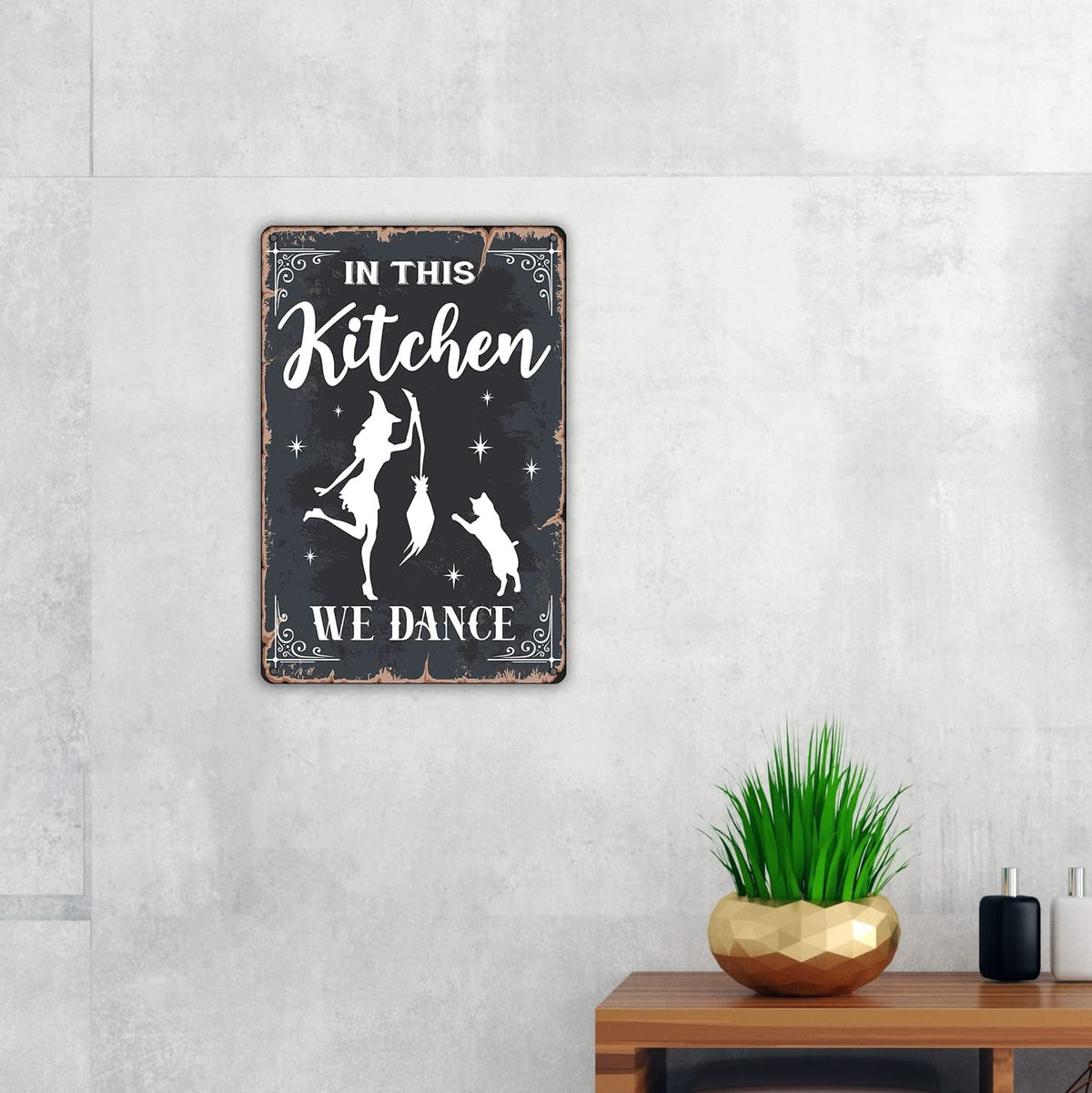QIONGQI Funny Witchy Kitchen Quote Metal Tin Sign Wall Decor, Retro in This Kitchen We Dance Sign for Home Decor Gifts