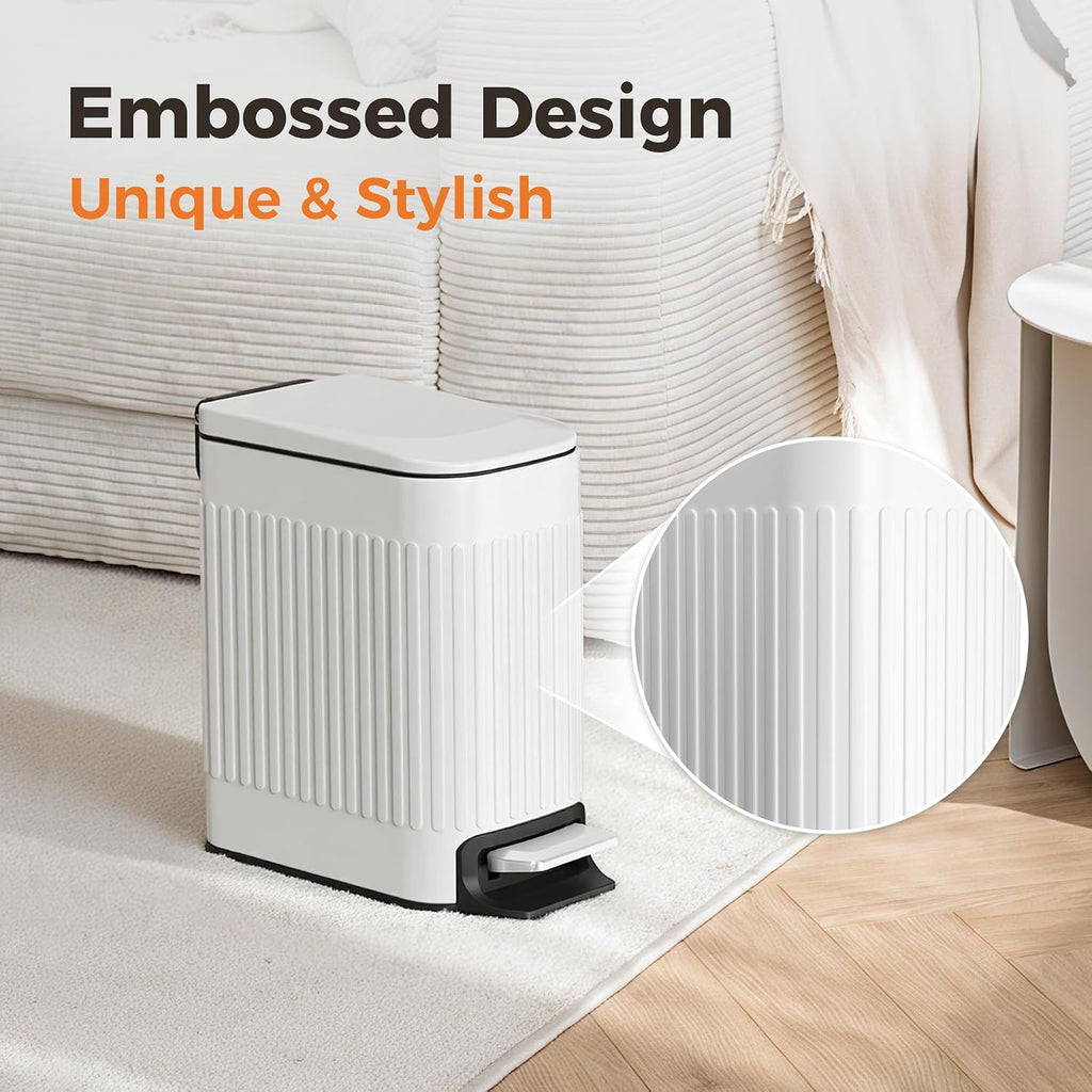 TrashAid Slim Bathroom Trash Can with Lid Soft Close & Pedal, 1.6Gal, White