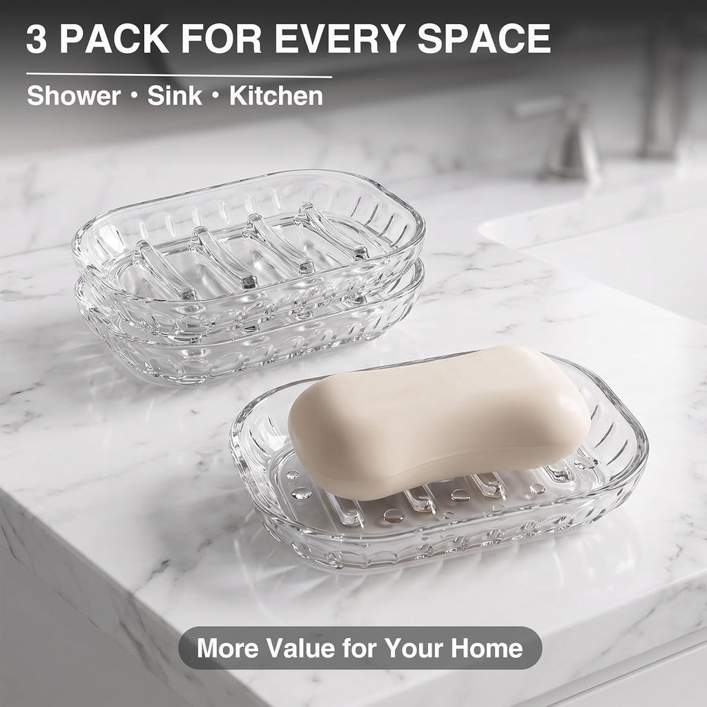 3 Pack Clear Soap Dish for Shower, Plastic Soap Holder for Bar Soap, Transparent Soap Saver Tray for Bathroom Shower, Kitchen Sink, Bathtub, Raised Ridges Soap Dish with Drainage, Minimalist Design