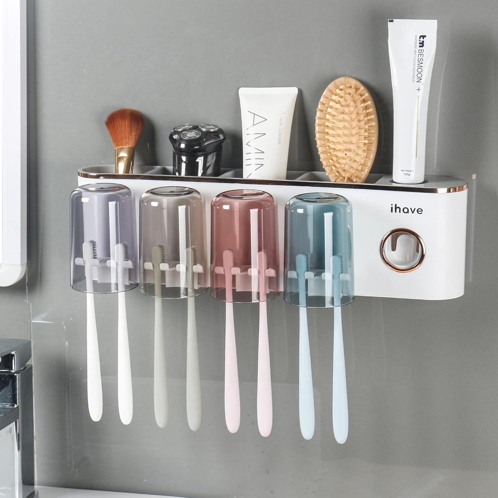 iHave Toothbrush Holders for Bathrooms Wall Mounted with Dispenser & 4 Cups