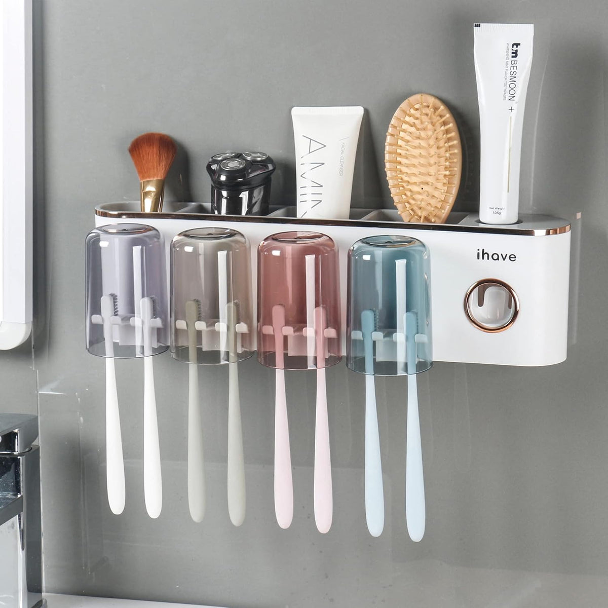 iHave Toothbrush Holders for Bathrooms Wall Mounted with Dispenser & 4 Cups