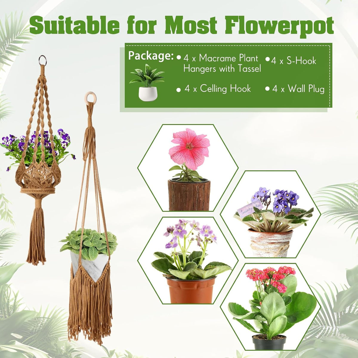 4 Packs Macrame Plant Hangers Indoor Hanging Planters, Brown