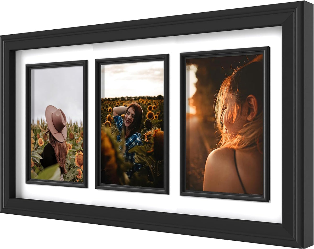 iRahmen 4x6 Collage Picture Frames,Fits Three 4x6,Wood Tempered Glass Black