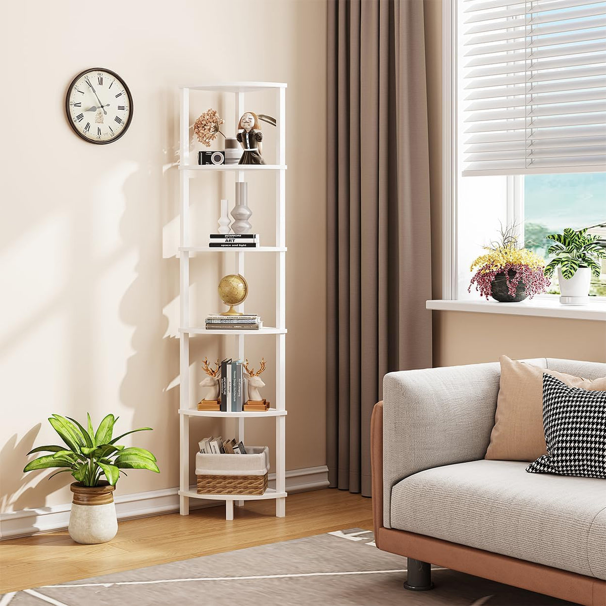 VIMBER Corner Shelf, 6-Tier Corner Bookshelf, Industrial Corner Ladder Shelf, DIY Storage Shelves, Modern Display Shelf for Living Room, Bedroom, Kitchen, Home Office, White UJSJ004W