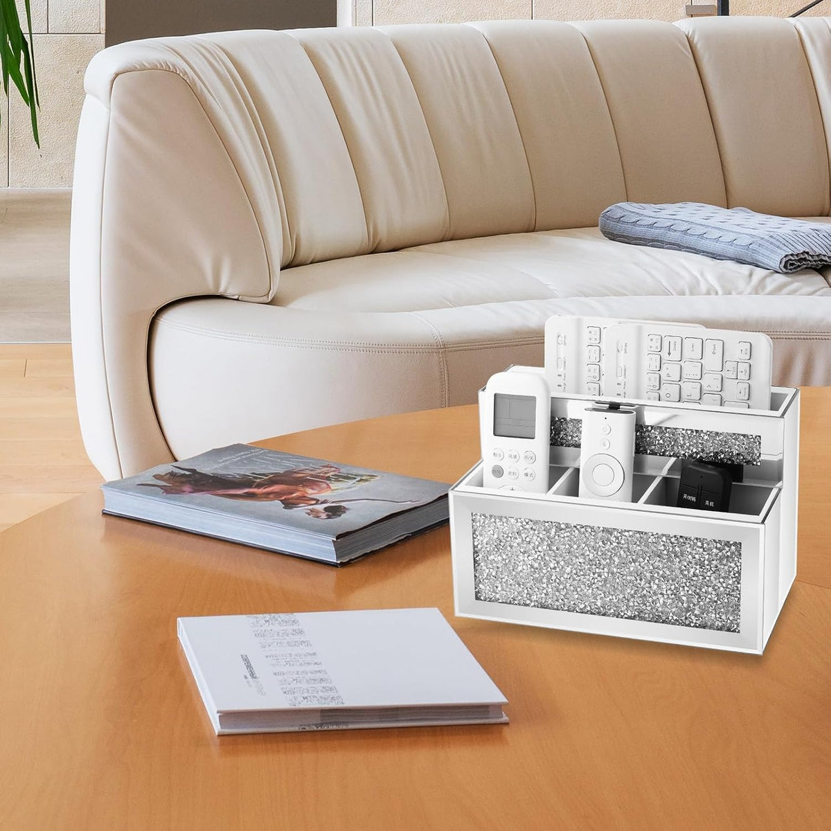Mirrored Remote Control Holder, Crushed Diamond TV Remote Holder Wall Mount, Desk Organizers and Accessories for Phone, Pad, Pen and Pencil, Remote Caddy