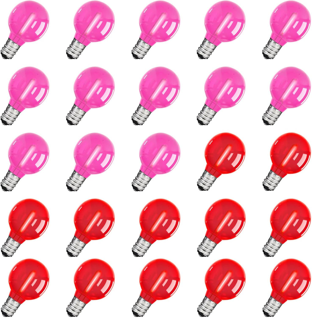 25 Pack G40 LED Red and Pink Replacement Light Bulbs, Shatterproof G40 LED Globe Lights Bulbs for Outdoor Patio String Lights Valentine's Day Party Christmas Decor, E12 C7 Candelabra Base, 2700K