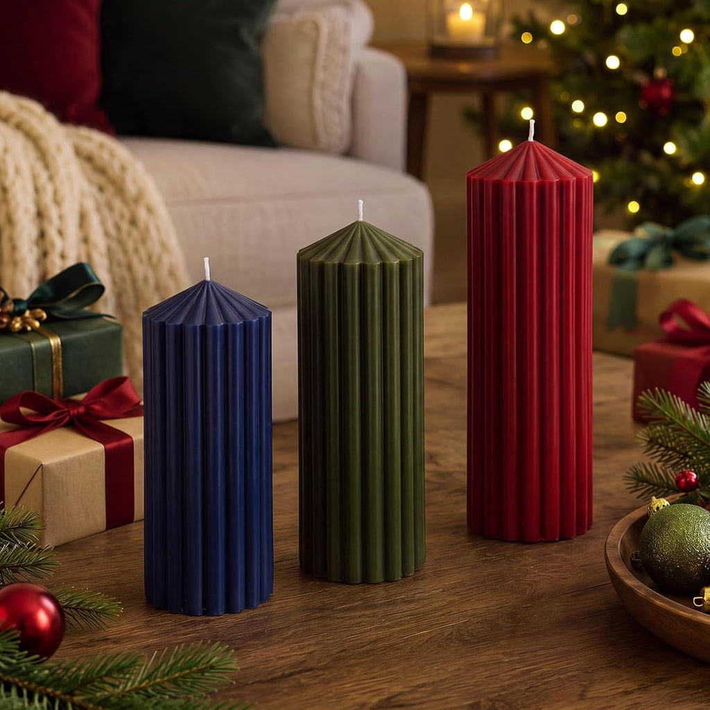 Mtlee 3 Pack Christmas Ribbed Pillar Candles Soy Wax Ribbed Candle