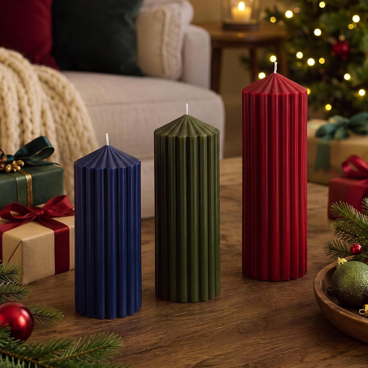 Mtlee 3 Pack Christmas Ribbed Pillar Candles Soy Wax Ribbed Candle