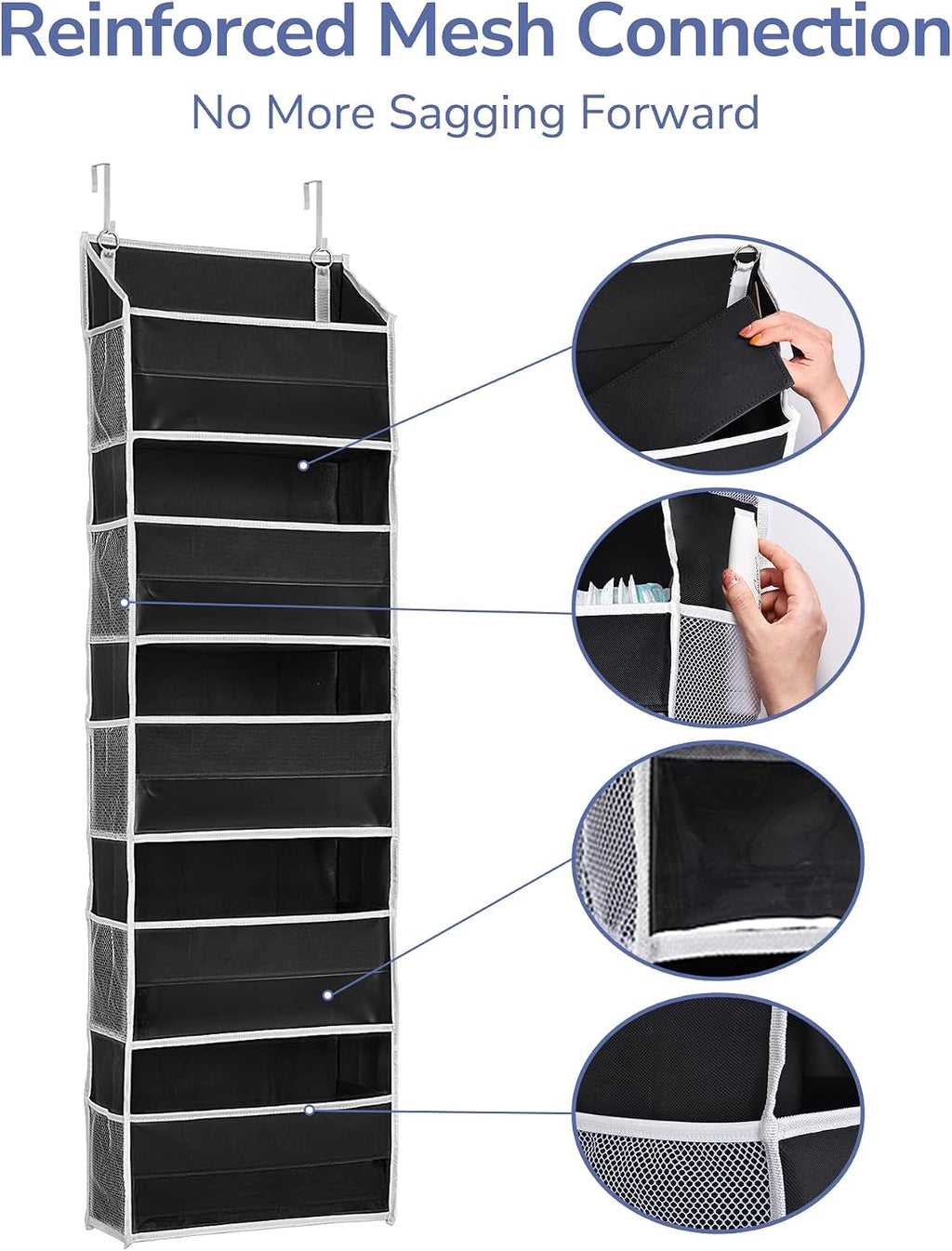ULG 1 Pack Over The Door Organizer – 5 Shelf Door Organizer Hanging & 10 Side Pockets, Reinforced 44LB Capacity Hanging Organizer, Behind The Door Storage for Bedroom, Nursery, Pantry (Black)