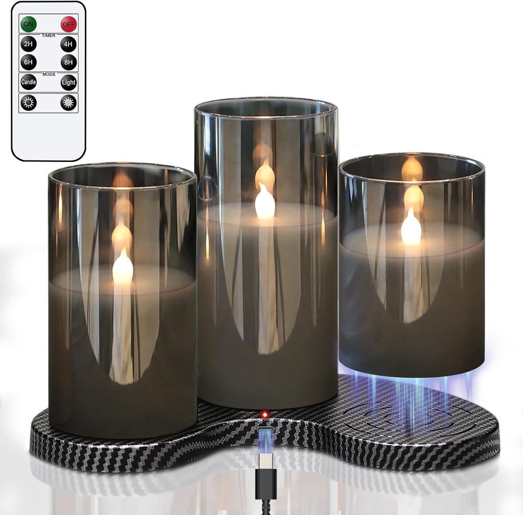 GenSwin Glass Rechargeable Flameless Candles with Remote Timer Black