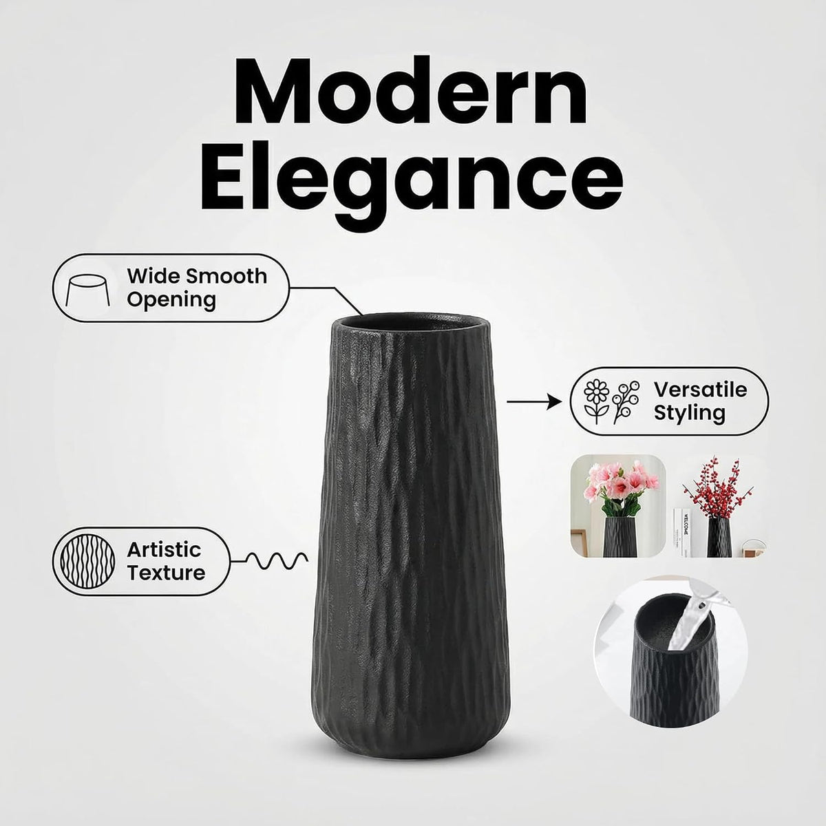 7.87" Ceramic Vase, Flower Vase, Ceramic Vase for Flowers, Vase for Dining Room, Bed Room, Reading Room, Office Decor (Black1)