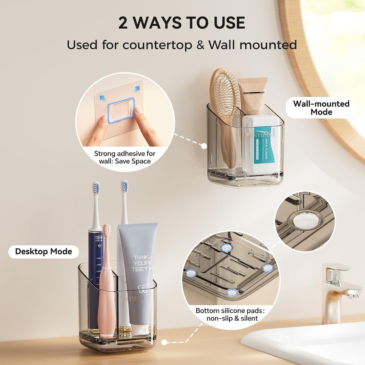 3 Slots Toothbrush Holders with Detachable Dividers for Bathrooms