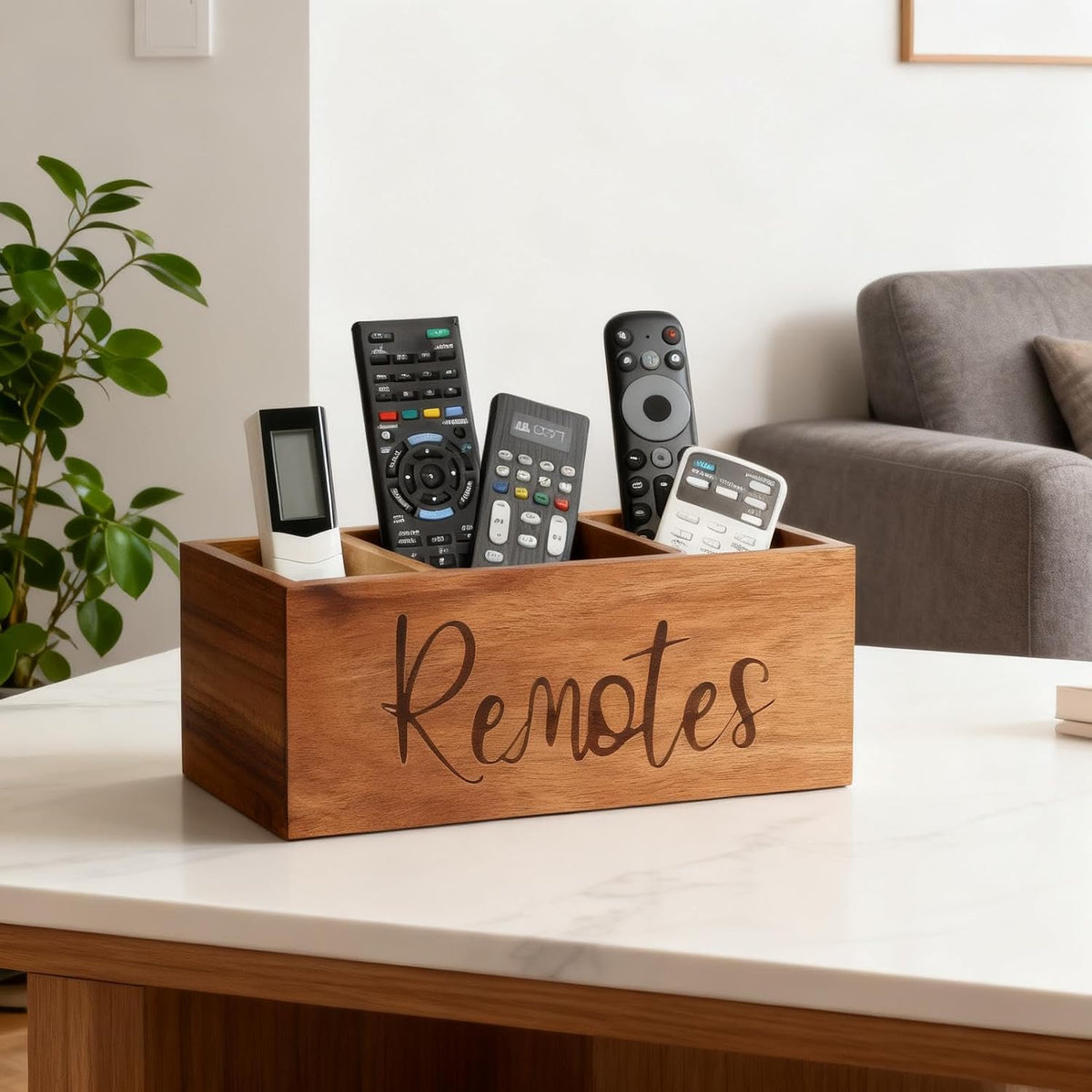LBEMEY Acacia Wood TV Remote Holder, Caddy and Organizer for Table, Vintage Farmhouse Desk Caddy (Brown for 5+ Remote Controls)