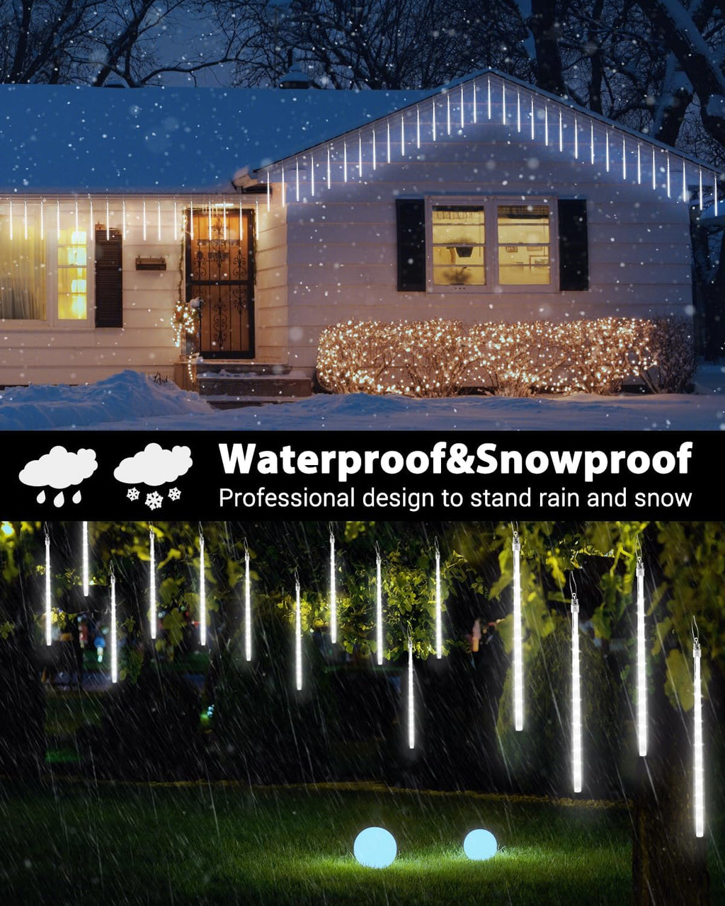 Christmas Lights Outdoor 10 Tubes White Meteor Shower Icicle Lights 240 LED