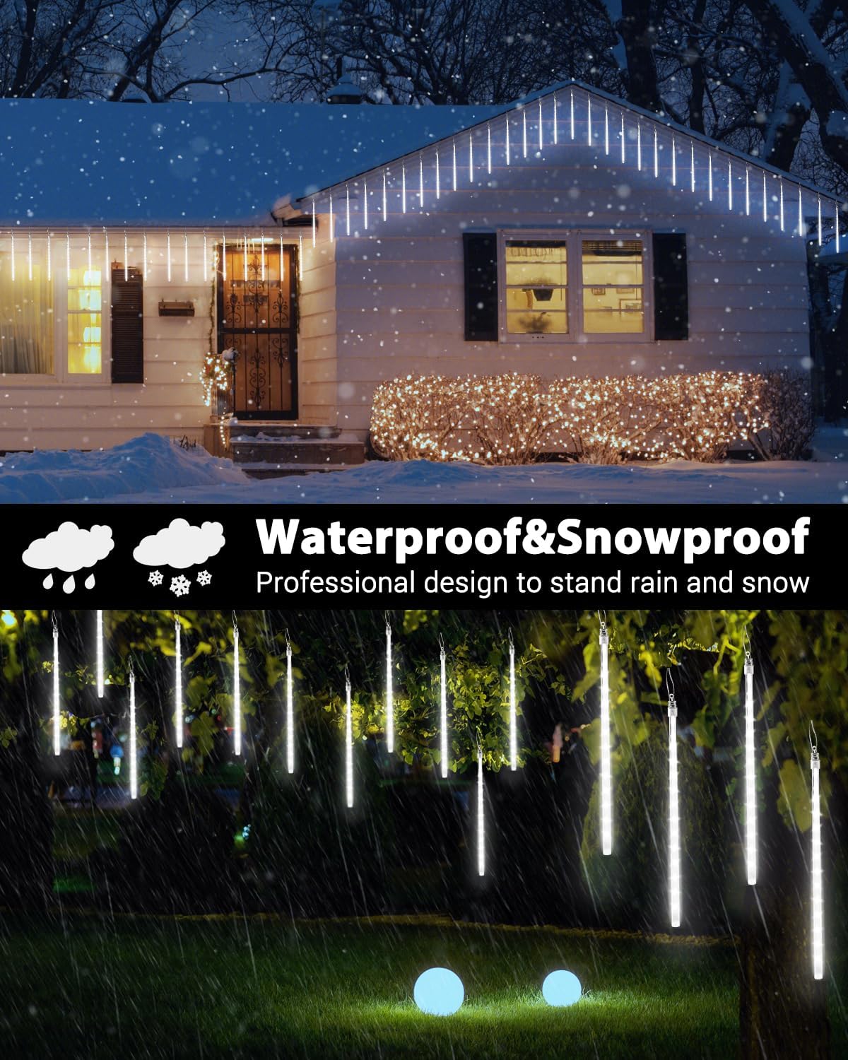 Christmas Lights Outdoor 10 Tubes White Meteor Shower Icicle Lights 240 LED