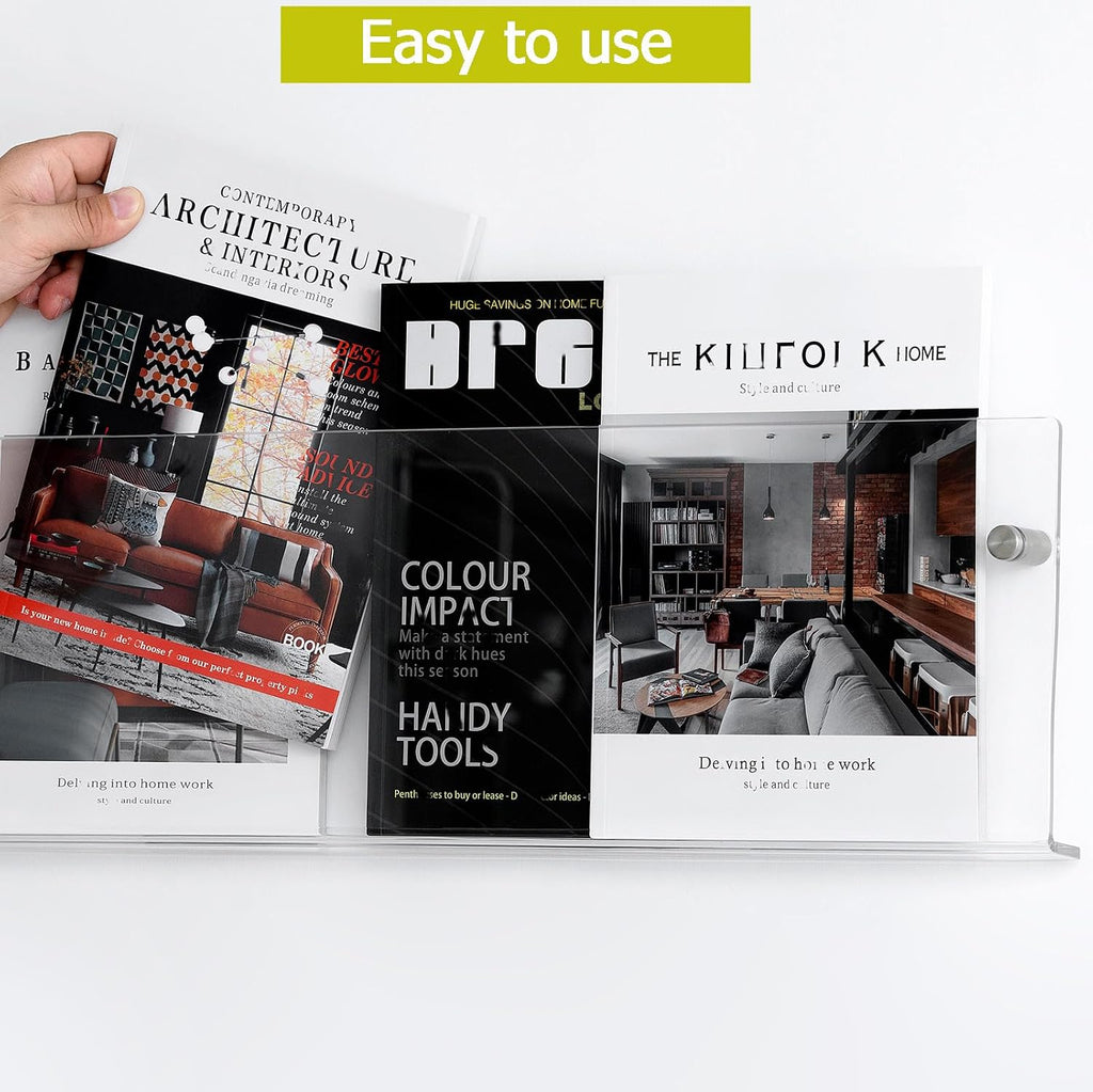 2 Pack Clear Acrylic Magazine Holder, Wall Mount Hanging Bookshelf Literature Storage Rack, Brochure File Display Shelf for Waiting Room, Living Room, Office, Home