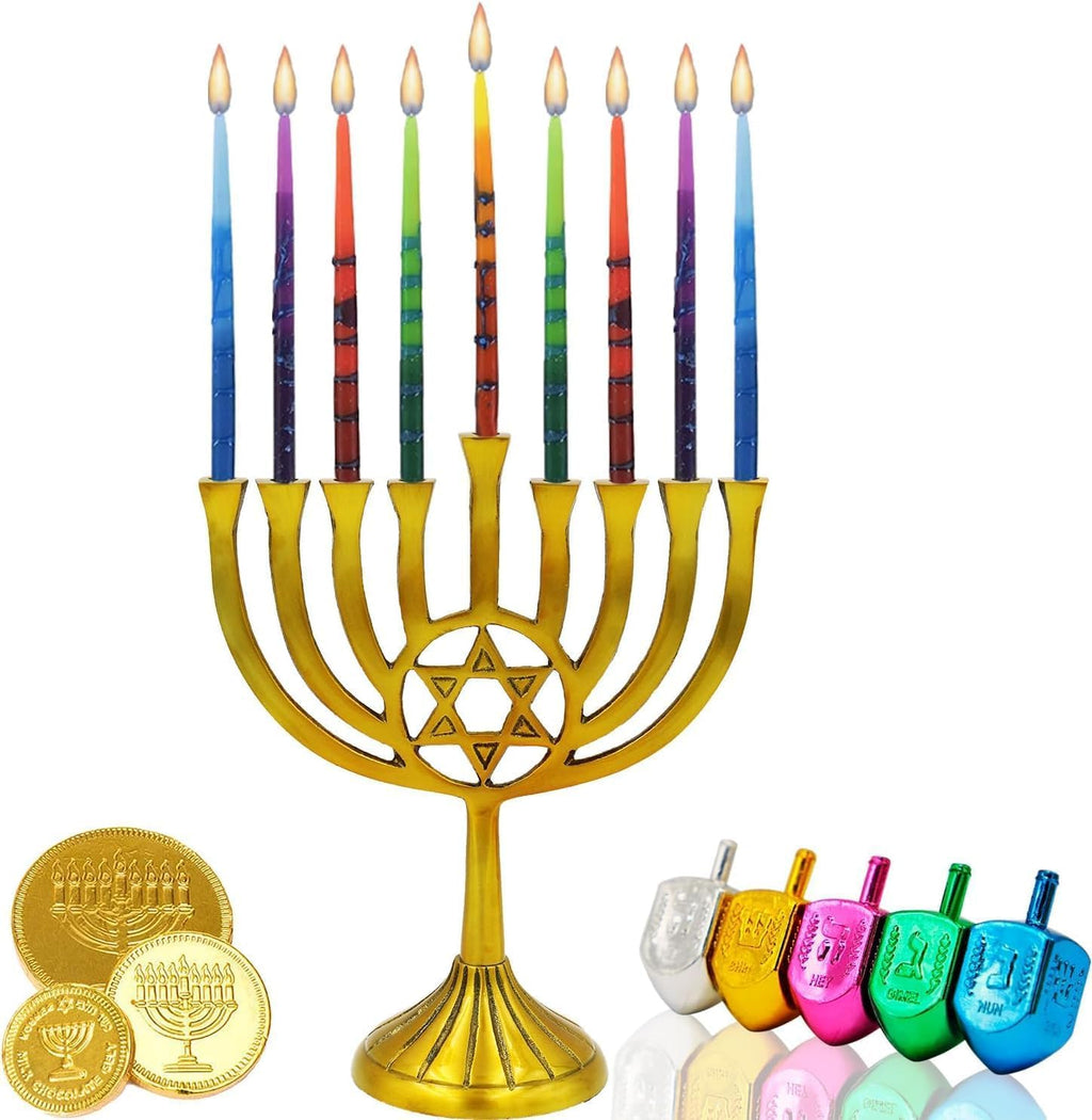 The Dreidel Company 5-Pack Dripless Hanukkah Candles, Multicolored Ombre Striped Deluxe Tapered Decorations, 1 Hour Burn Time, Chanukkah 45 Menorah Candles Box for All 8 Nights of Chanukah