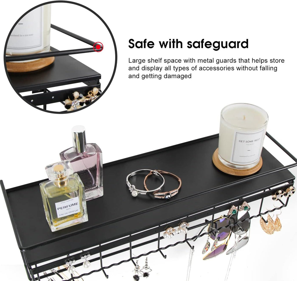 JackCubeDesign Gothic Wall Mounted Jewelry Organizer - Hanging Necklace, Earring, Bracelet Holder with Hooks and Shelf - Goth Room Decor, Iron Jewelry Display Storage Rack for Bedroom & Closet-MK238A