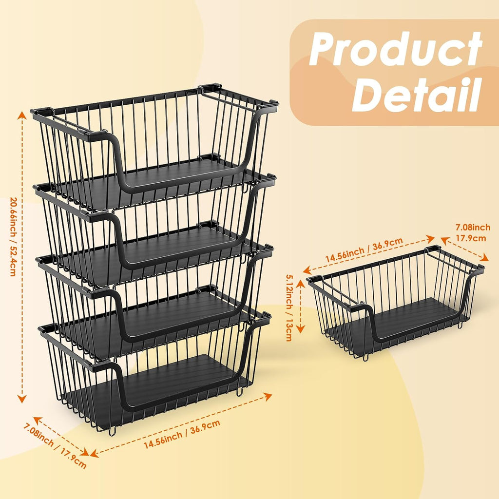 4 Pcs Stackable Wire Baskets for Pantry Organizers and Storage, Black