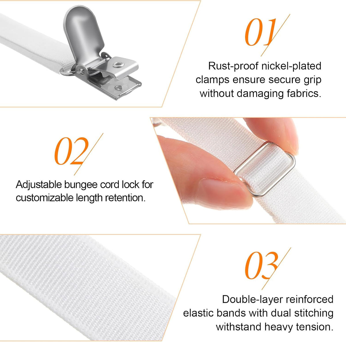 Boao 24 Pcs Bed Sheet Straps Heavy Duty Adjustable Elastic Fasteners Fitted Bed Holder Mattress Corner Sheet Fasteners Clips for Home Room Couch Supplies(White)