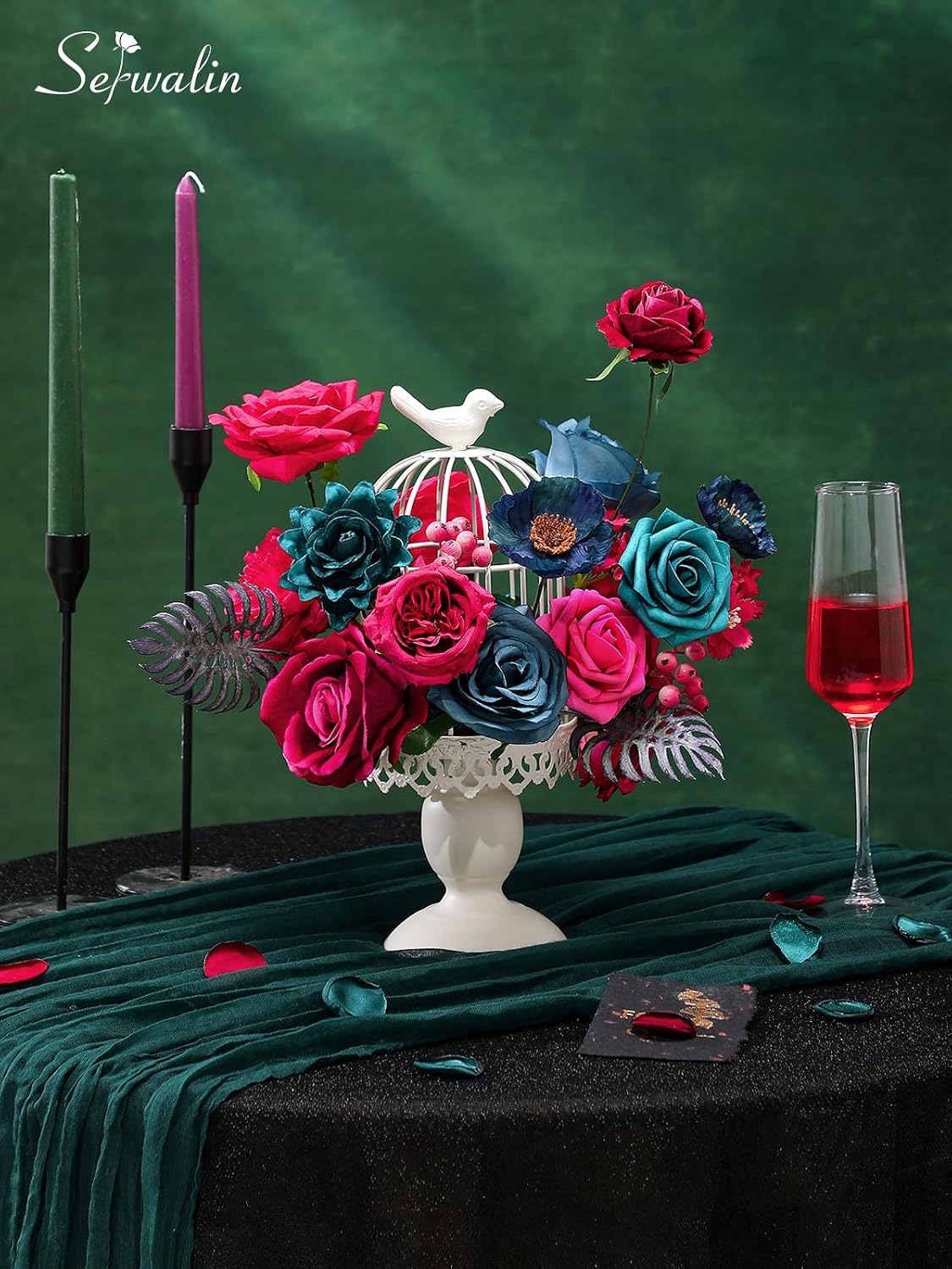 Serwalin Artificial Hot Pink & Teal Flowers Magenta Silk Flower for Wedding