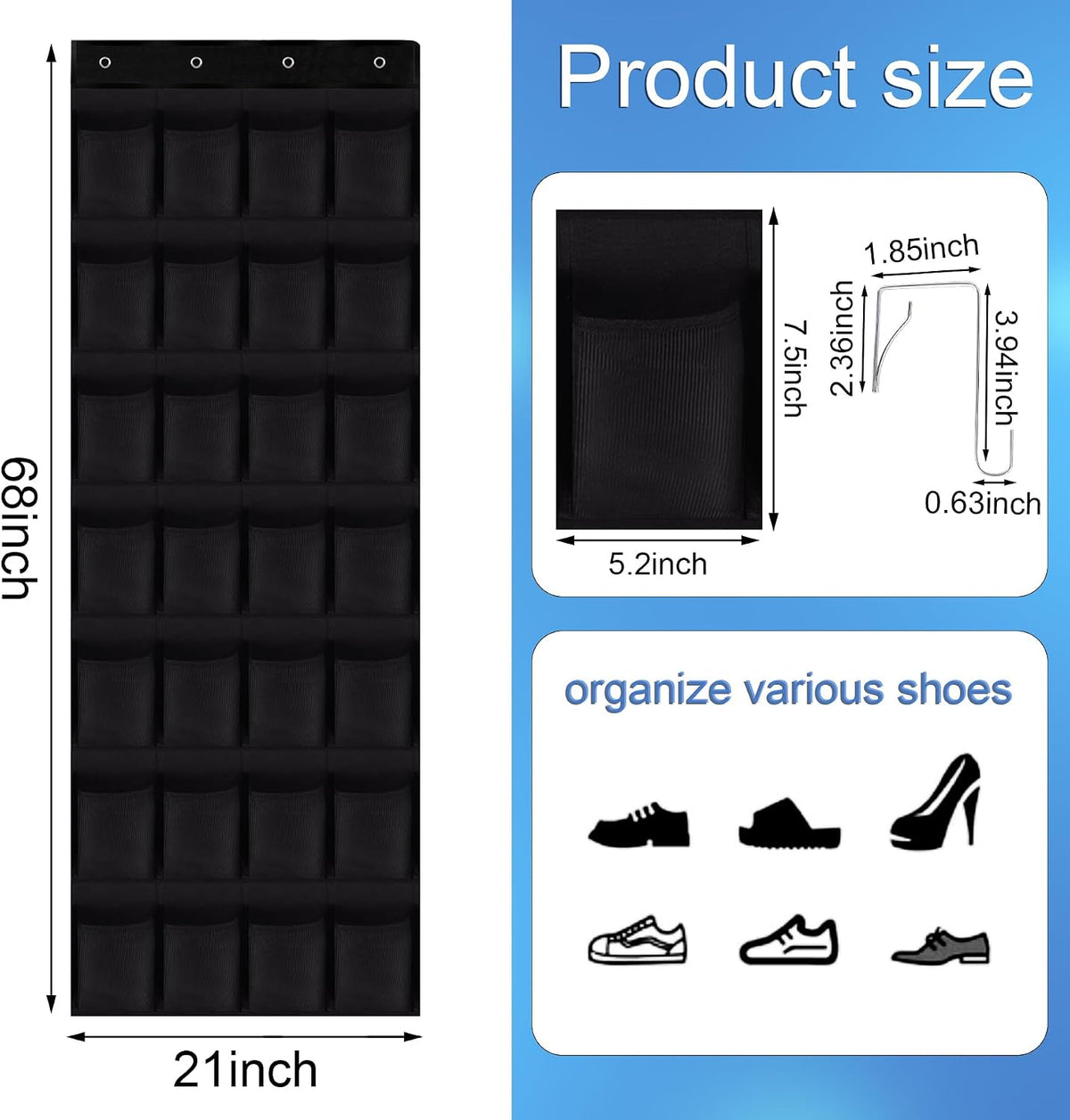 28 Mesh Pockets Hanging Over the Door Shoe Organizer （Black）