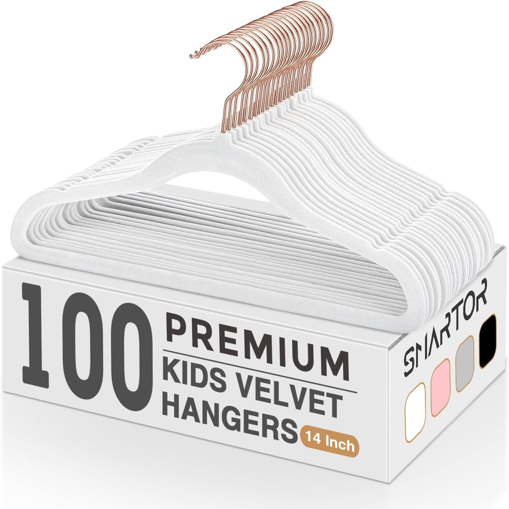 Smartor Kids Velvet Hangers 100 Pack, 14 Inch Non Slip Felt Hangers, White