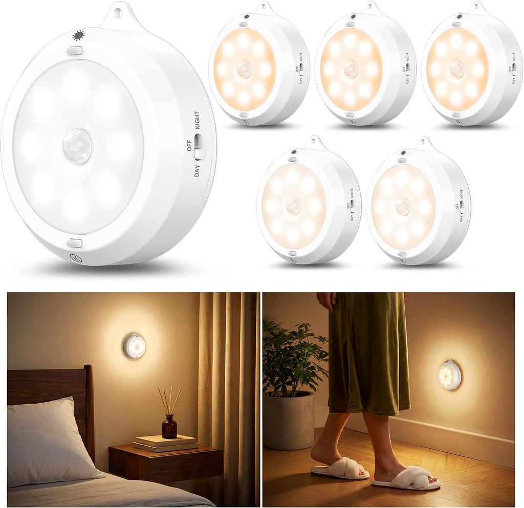 YiaMia Motion Sensor Under Cabinet Lights - 6 Pack, Indoor Smart Sensor Night Light, 3 × AA Battery Operated Wireless Stair Light, Dimmable Puck Lights Suitable for Kitchens, Wardrobes, Hallway