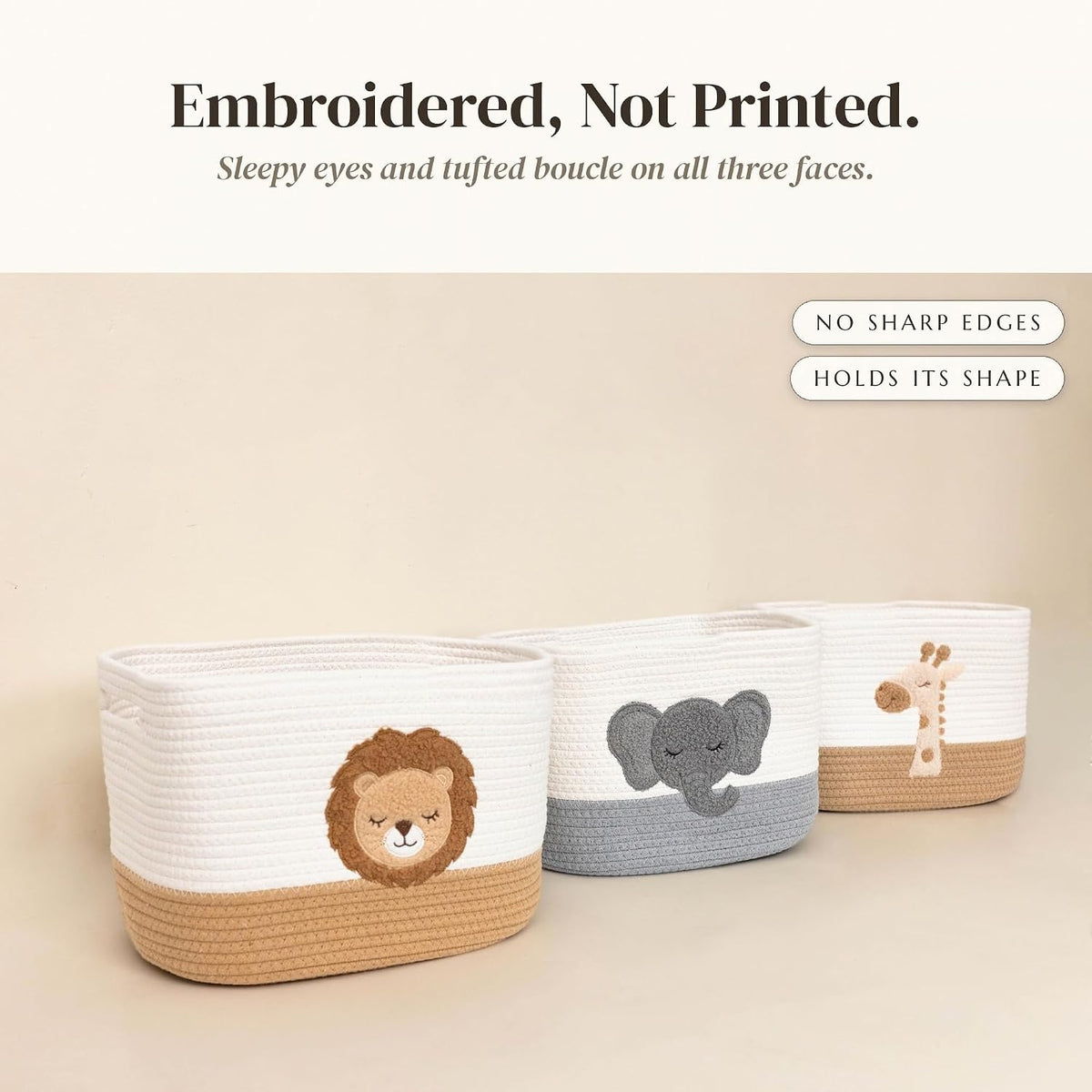 Safari Nursery Storage Baskets Set of 3, Cotton Rope Shelf Bins, 13x10x9 in