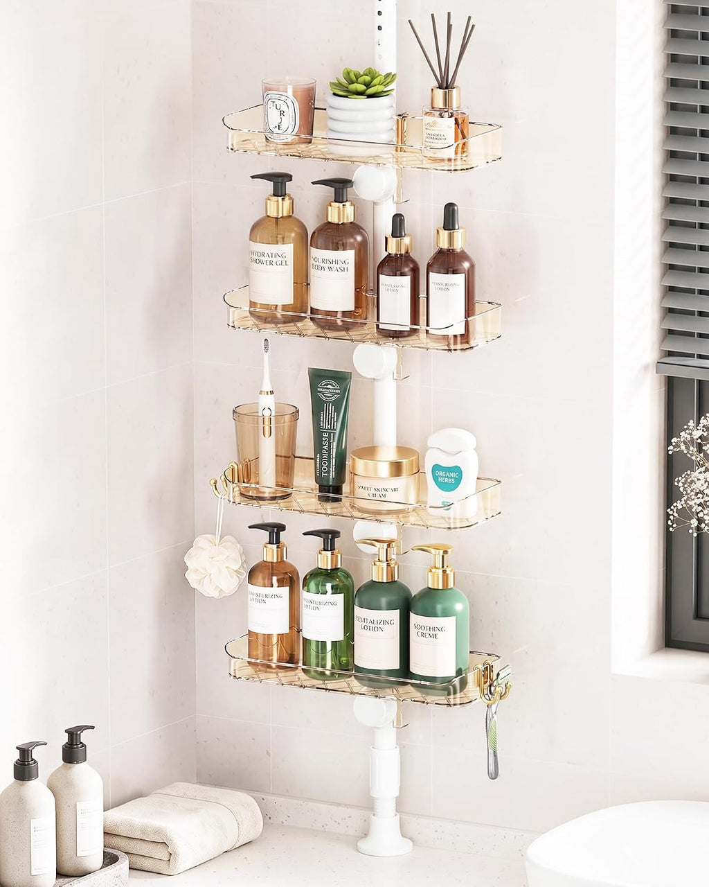 Shower Caddy Tension Pole, Bathroom Organizer Shelves, Amber