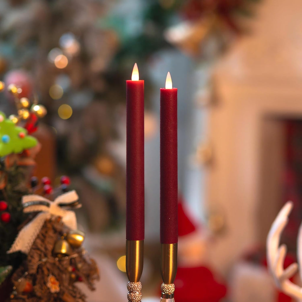 Burgundy Flameless Taper Candles with Remote & Timer -Leather-Textured Real Wax, 3D Moving Flicker, 400Hr Battery Operated Window Candles (Remote Uses 2 AAA Batteries, Not Included)