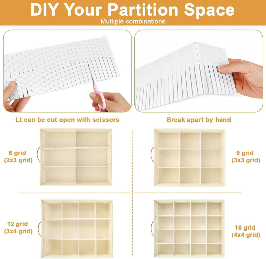 Minimalist Home DIY Underwear Drawer Organizer-Dustproof Sock Organizer with 6pcs Drawer Divider Adjustable Cream White Stackable Closet Storage Bins for Bra Socks Ties