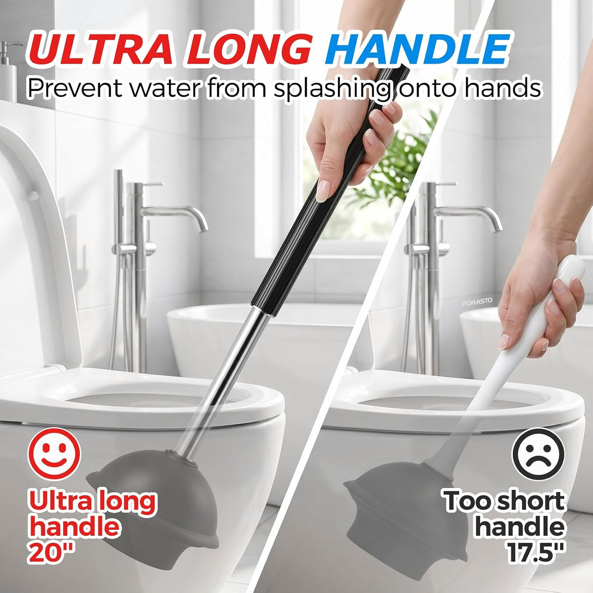FORASTO 3in1 Stainless Steel Toilet Plunger and Brush Set - Bathroom Tools