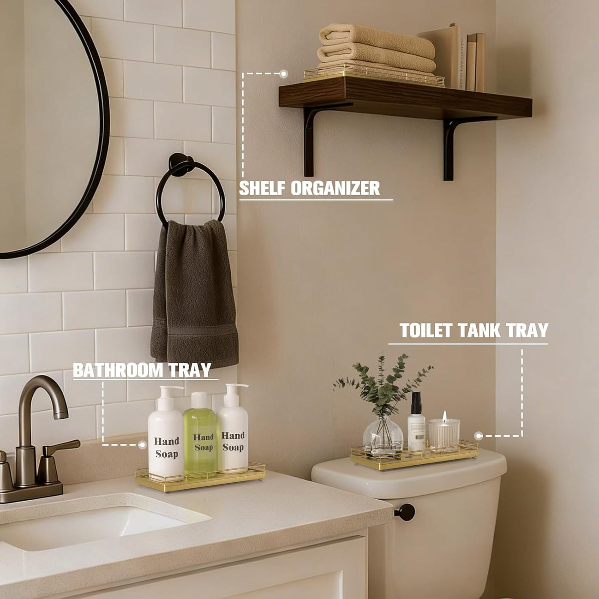Bathroom Vanity Tray for Countertop, 12" x 6" Oak Wood Toilet Tank Tray